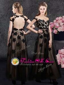 Black Tulle Backless Sweetheart Short Sleeves Ankle Length Mother Of The Bride Dress Appliques
