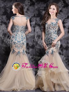 Mermaid Champagne Sleeveless With Train Appliques and Ruffles Zipper Prom Party Dress