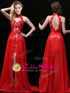 Free and Easy Halter Top Coral Red Sleeveless With Train Lace and Sashes|ribbons Backless Evening Gowns