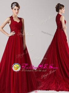 Amazing Wine Red Empire Straps Sleeveless Tulle Court Train Side Zipper Appliques Celebrity Dresses