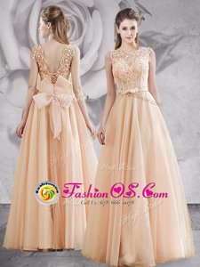 Champagne Bateau Neckline Appliques and Bowknot Mother Of The Bride Dress Sleeveless Lace Up