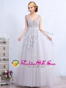 Cute Grey Sleeveless Tulle Brush Train Backless Prom Dress for Prom