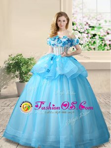 Off the Shoulder Baby Blue Organza Lace Up Quinceanera Gowns Sleeveless Floor Length Beading and Appliques