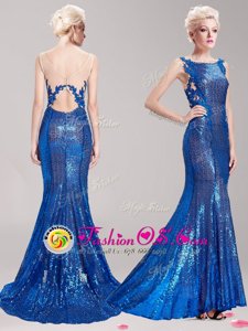 Blue Mermaid Sequined Square Sleeveless Appliques and Sequins With Train Clasp Handle Prom Evening Gown Brush Train