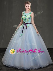 High End Scoop Floor Length Royal Blue Quinceanera Gowns Tulle Cap Sleeves Appliques