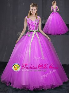 Enchanting Fuchsia Tulle Lace Up V-neck Sleeveless Floor Length Sweet 16 Quinceanera Dress Appliques and Belt