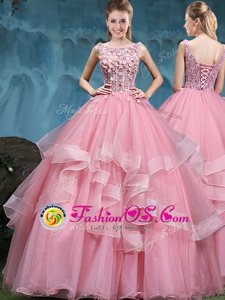 Flare Scoop Baby Pink Lace Up Quinceanera Gown Lace and Appliques and Ruffles Sleeveless Floor Length