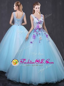 Sexy Light Blue Sweet 16 Dresses Military Ball and Sweet 16 and Quinceanera and For with Lace and Appliques V-neck Sleeveless Lace Up