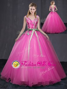 Orange Tulle Lace Up Quinceanera Dress Sleeveless Floor Length Beading and Belt