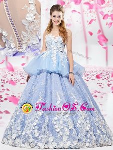 Lavender Ball Gowns Organza and Tulle Scoop Sleeveless Lace and Appliques Floor Length Lace Up Sweet 16 Dresses
