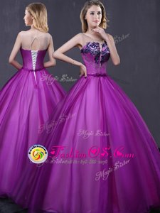 Scoop Long Sleeves Floor Length Appliques Lace Up Sweet 16 Dress with Lilac
