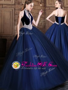 Navy Blue Lace Up Halter Top Beading Quince Ball Gowns Tulle Sleeveless