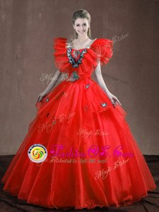 Fantastic Red Lace Up 15th Birthday Dress Appliques and Ruffles Sleeveless Floor Length