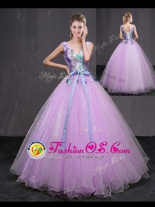 Beautiful Lilac V-neck Lace Up Appliques and Belt Quinceanera Gown Sleeveless