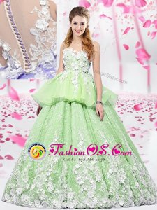Scoop Sleeveless Quinceanera Dress Floor Length Lace and Appliques Yellow Green Organza and Tulle