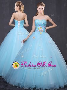 Traditional Light Blue Sleeveless Tulle Lace Up Quinceanera Dress for Military Ball and Sweet 16 and Quinceanera
