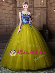 Free and Easy Floor Length Olive Green Quinceanera Dresses One Shoulder Sleeveless Lace Up