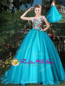 Scoop Teal Sleeveless Brush Train Appliques and Belt Ball Gown Prom Dress