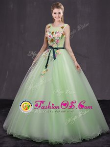 Scoop Yellow Green Organza Lace Up Quince Ball Gowns Sleeveless Floor Length Appliques