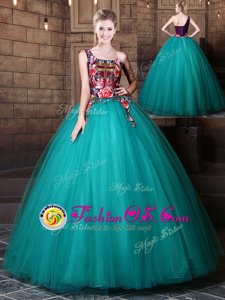 Teal Lace Up One Shoulder Pattern Quinceanera Gowns Tulle Sleeveless