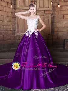 Flirting Court Train Ball Gowns 15 Quinceanera Dress Purple Scoop Elastic Woven Satin Sleeveless Lace Up