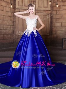 Exquisite Scoop Royal Blue Ball Gowns Appliques Quinceanera Gown Lace Up Elastic Woven Satin Sleeveless With Train