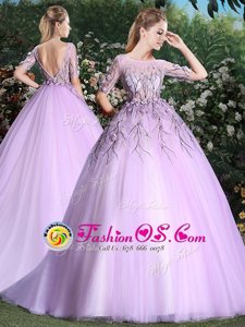 Scoop Lilac Ball Gowns Appliques Quinceanera Gown Backless Tulle Short Sleeves With Train