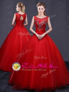 Floor Length Red Sweet 16 Quinceanera Dress Scoop Sleeveless Lace Up
