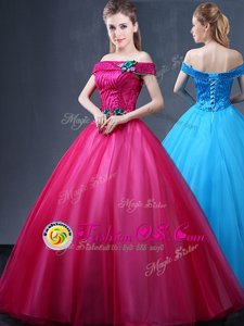 Stylish Off The Shoulder Sleeveless Lace Up Vestidos de Quinceanera Fuchsia Tulle