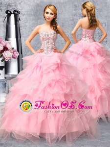Flirting Rose Pink Sweet 16 Quinceanera Dress Military Ball and Sweet 16 and Quinceanera and For with Beading and Ruffles Sweetheart Sleeveless Lace Up