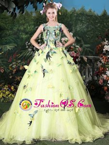 Straps Sleeveless Tulle Floor Length Lace Up Sweet 16 Dresses in Multi-color for with Appliques and Pattern