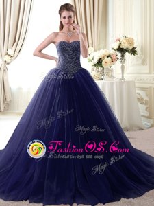 Navy Blue Ball Gowns Tulle Sweetheart Sleeveless Beading Floor Length Lace Up Sweet 16 Quinceanera Dress