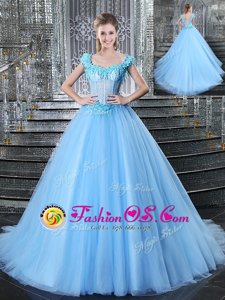 Best Straps With Train Light Blue Sweet 16 Dresses Tulle Brush Train Sleeveless Beading and Appliques