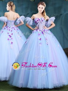 Lavender Ball Gowns Sweetheart Sleeveless Tulle Floor Length Lace Up Appliques Ball Gown Prom Dress