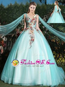 Enchanting Aqua Blue Sleeveless Tulle Brush Train Lace Up Vestidos de Quinceanera for Military Ball and Sweet 16 and Quinceanera