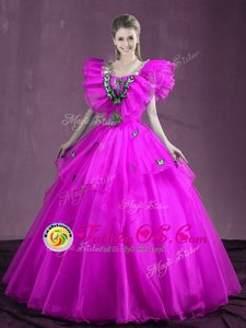 Sleeveless Organza Floor Length Lace Up Quinceanera Dresses in Fuchsia for with Appliques and Ruffles