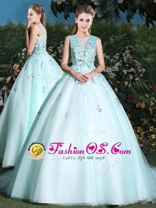 Scoop Light Blue Ball Gowns Beading and Appliques Quinceanera Dress Lace Up Tulle Sleeveless