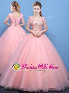V-neck Half Sleeves Tulle Ball Gown Prom Dress Appliques Lace Up