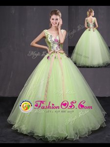 Shining White Sleeveless Tulle Brush Train Lace Up Vestidos de Quinceanera for Military Ball and Sweet 16 and Quinceanera