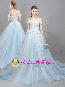Superior Off the Shoulder Appliques Wedding Dresses Light Blue Lace Up Sleeveless With Train Chapel Train