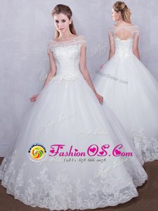 Scoop Lace Bridal Gown White Lace Up Cap Sleeves Floor Length