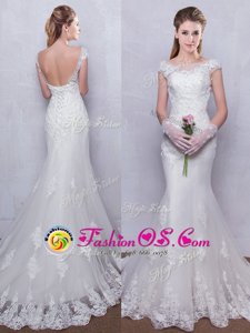 Suitable Mermaid Scoop Cap Sleeves With Train Backless Wedding Gown White and In for Wedding Party with Lace Brush Train