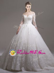 White Wedding Gowns Off The Shoulder Half Sleeves Cathedral Train Zipper
