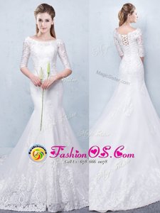 Eye-catching Scoop See Through Short Sleeves Lace Lace Up Bridal Gown