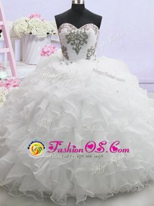 Wonderful White Ball Gowns Sweetheart Sleeveless Organza With Brush Train Lace Up Beading and Ruffled Layers Wedding Dress