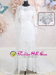 Most Popular Scoop White Empire Beading and Belt Wedding Gowns Zipper Lace Long Sleeves With Train