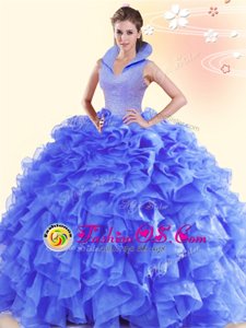 Delicate High-neck Sleeveless Organza Sweet 16 Quinceanera Dress Beading and Ruffles Backless