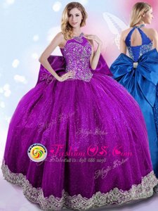 Elegant Eggplant Purple Ball Gowns Halter Top Sleeveless Taffeta Floor Length Lace Up Beading and Bowknot Ball Gown Prom Dress