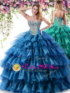 Glittering Teal Organza Lace Up Sweetheart Sleeveless Floor Length Ball Gown Prom Dress Beading and Ruffled Layers