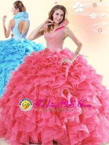 Flare Backless Floor Length Coral Red Quinceanera Dress Organza Sleeveless Beading and Ruffles